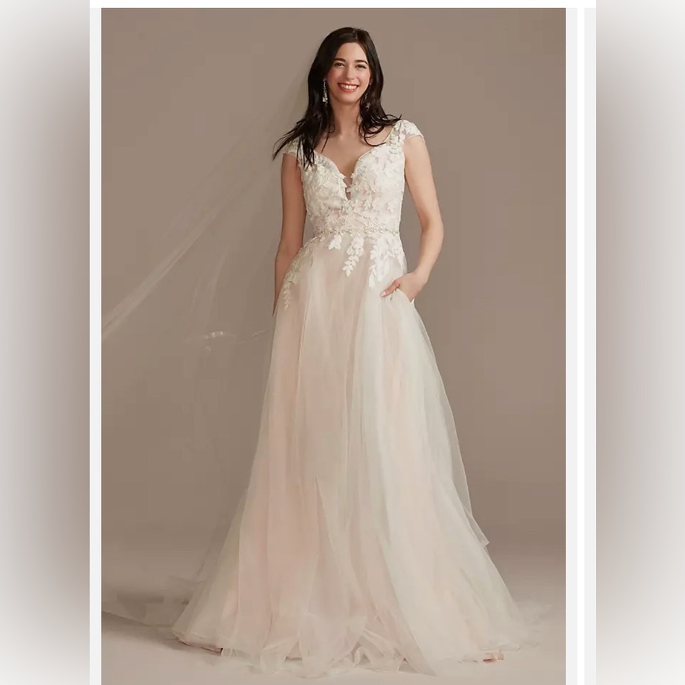 David’s Bridal wedding gown size 16W. I will include the dress bag for free.
